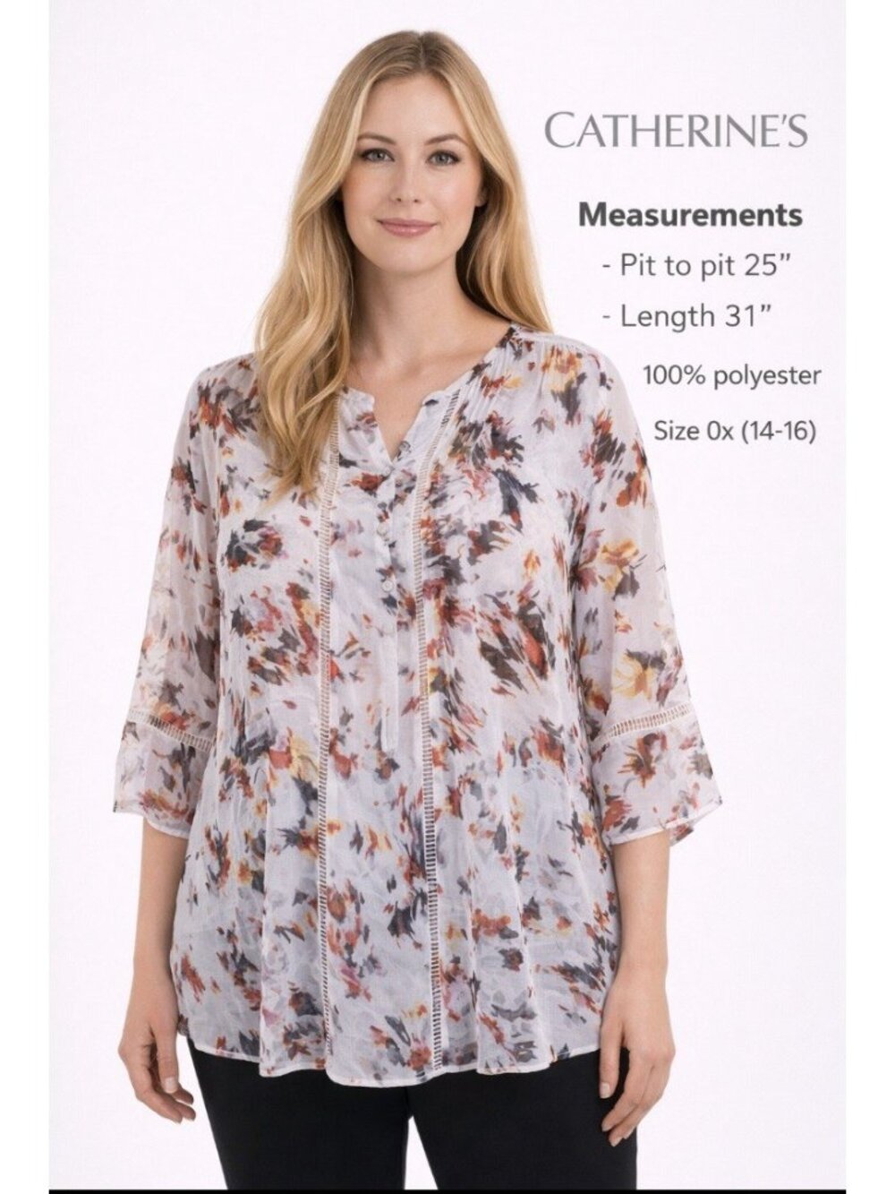 Catherines Women Sheer Blouse tunic Sz  0x 14/16w Floral Cottagecore countrycore